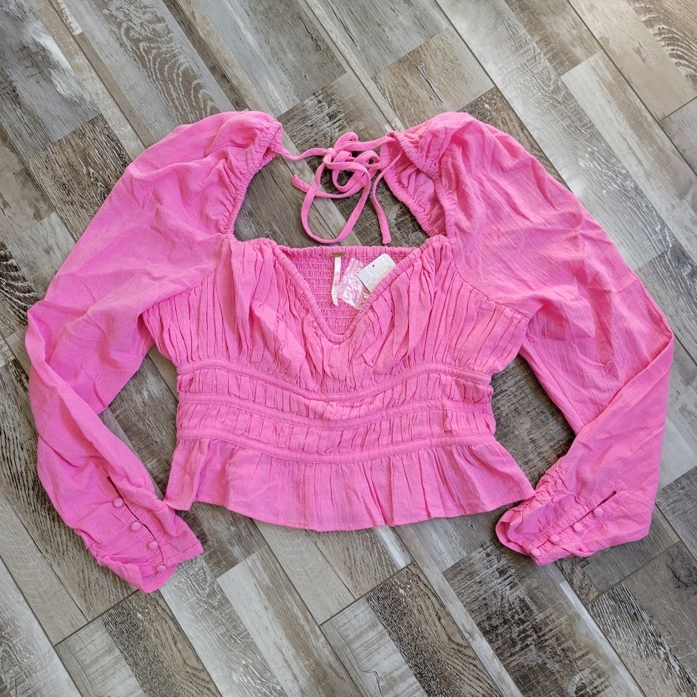 Free People Pink Ruched Long Sleeve Top - Picture 2 of 7